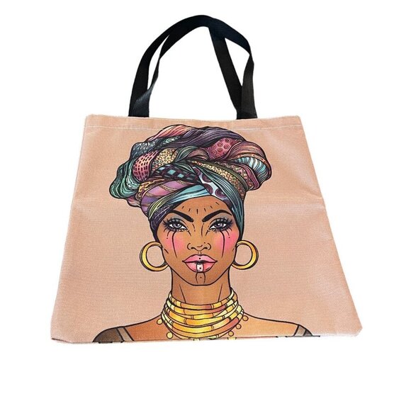 Nubian Goddess Ethnic Fabric Canvas Strap Painted Colorful Tote Bag - Picture 3 of 5